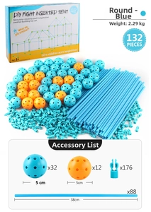 Detail of 132-piece DIY fort building kit with blue and orange connector balls and rods