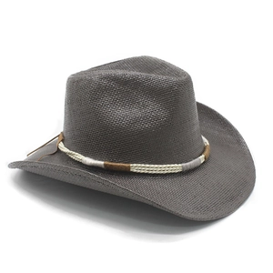 Detail of grey paper straw western cowboy hat with decorative tricolor braided band