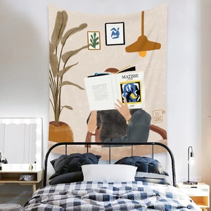 Detail view of Matisse art style tapestry with reading figure on a bedroom wall