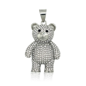 Hip hop style silver teddy bear pendant with sparkling crystals on white background