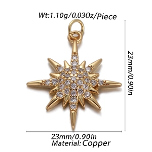 Detailed view of an 8-point gold star pendant with clear cubic zirconia in copper