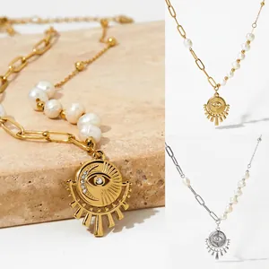 Collier Künstliche Perles Acier Inoxydable Mauvais Œil Chaîne À Maillons Asymétrique Rayon De Soleil Zircone Bijoux Bohèmes Pour Femmes