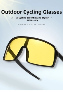 Top view of outdoor cycling glasses with black frame and vibrant yellow lenses