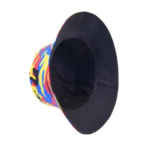 Reversible camouflage bucket hat with colorful pattern and wide brim for sun protection