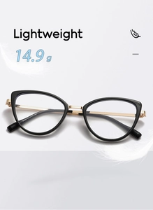 Lightweight cat-eye glasses frame in black and gold weighing 14.9g with feather detail