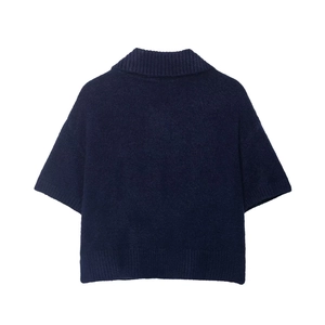 Dark blue short sleeve knit sweater with stand collar and soft ribbed texture