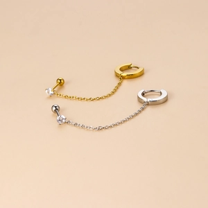 Minimalistischer Edelstahl-Kettenohrring mit Zirkon-Stecker und Reifen in Gold und Silber