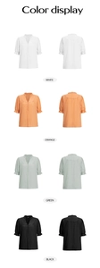 Detailed view of casual V-neck blouses in white, orange, green, and black textured fabric