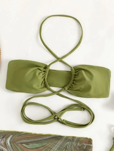 Detail of moss green ruched bandeau bikini top with long wrap-around drawstring ties