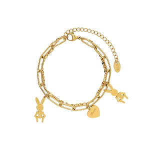Layered 18K gold rabbit and heart pendant bracelet with double chain and lobster clasp