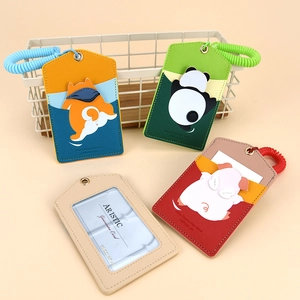 Cute cartoon animal PU leather ID card holders with retractable keychains and spring coils