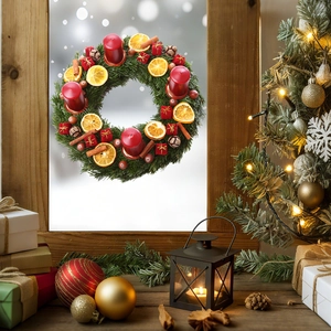 Festive Christmas wreath with red candles and pine needles on a cozy window sill
