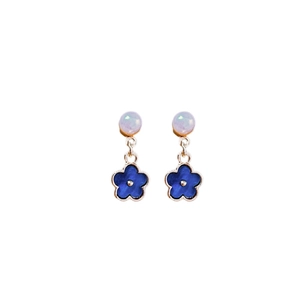 Silver needle flower earrings with white opal bead and deep blue floral drop pendant