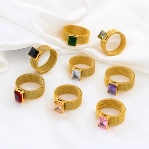 Fashion Rectangle Zircon Ring Stainless Steel Mesh Woven Band For Women Retro Elegant Commute Finger Jewelry