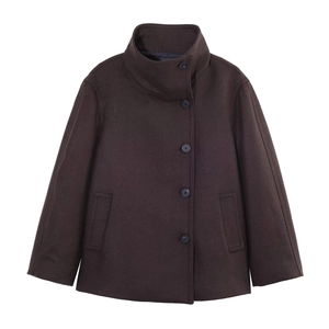 Cappotto corto da donna in lana marrone scuro con collo alto e chiusura monopetto