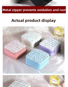 Detail of tweed texture jewelry boxes with metallic zippers in multiple pastel colors