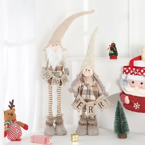 Pair of retractable Christmas gnomes with white faux fur for festive home decor