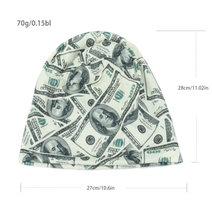 Detailed view of the dollar bill print beanie size 28cm height and 27cm width