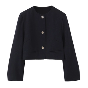Navy blue tweed short jacket with round neck and silver metal buttons on a white background