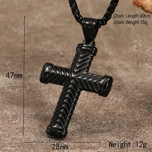 Men's black cross necklace in vintage stainless steel with fishbone engraved pattern