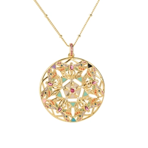 Golden dragonfly pendant necklace with colorful zircons and geometric cutout design
