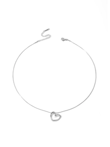 Detail of silver heart pendant on sleek snake chain with lobster clasp on white background