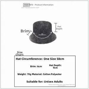 Size chart for reversible tiger print bucket hat showing 58cm circumference and cotton-polyester material