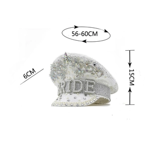 White bridal captain hat with sequins, pearls and BRIDE rhinestone lettering for parties