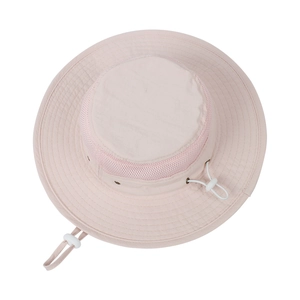 Top view of pink kids sun hat featuring breathable mesh vents and adjustable chin strap