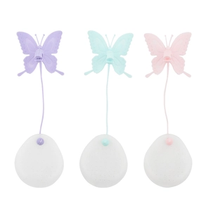 Three-pack butterfly cat toys with spring sticks in purple, blue, and pink colors