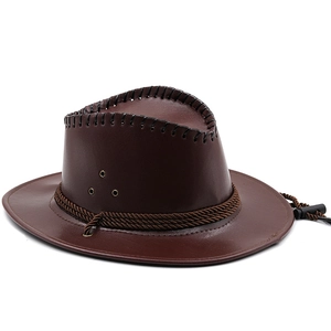 Detail of dark brown western cowboy hat with metal eyelets and adjustable chin strap