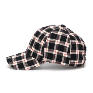 Side view of a classic plaid baseball cap featuring black, white, and red woven patterns