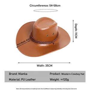 Brown PU leather western cowboy hat with wide brim, woven cord and metal eyelets detail