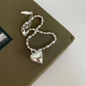 925 Sterling Silver Heart Pendant Bracelet Polished Beaded Chain Adjustable Jewelry For Women Simple Elegant Style