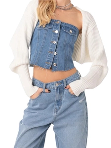 Corset en jean sexy avec hausse-épaule en tricot blanc et jean bleu assorti pour femme