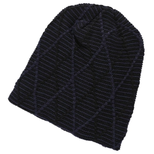 Winter knit beanie with dark blue and black diamond lattice pattern for warmth