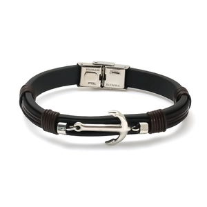 Men's nautical anchor bracelet in black silicone and brown cord with stainless steel clasp