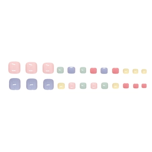 24-piece colorful macaron press-on toenails with pink, purple, and mint green finishes