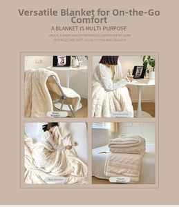 Detail of cream double-layer fleece blanket with embossed diamond texture for versatile use