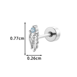 Silver angel wing stud earring with blue gemstone and detailed size measurements