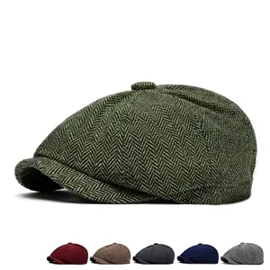 Olive green herringbone newsboy cap for men in retro British tweed wool style