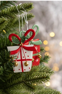 Close-up of festive metal gift box ornaments with bells hanging on Christmas tree
