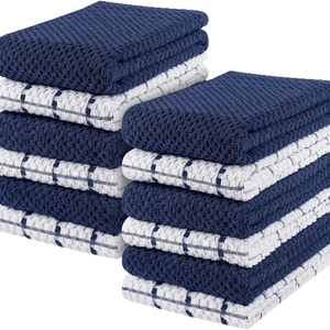 Detail of 12-pack waffle weave kitchen towels in navy blue and blue checked patterns