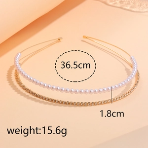 Size chart of double-layer headband with white pearls and rhinestones on gold metal