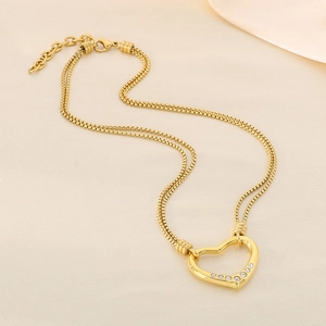 Gold-plated hollow heart necklace with crystals and pearl on double box chain
