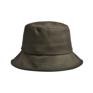 Detail view of deep olive green canvas sun hat showing textured fabric and stitching