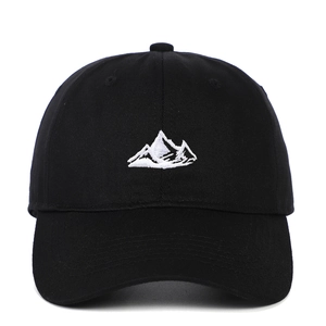 Classic black baseball cap featuring white mountain embroidery with curved brim style