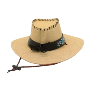 Detail of western straw sun hat featuring blue floral embroidery on a brown band