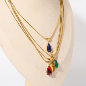 18K gold plated stainless steel necklaces with colorful teardrop crystal pendants