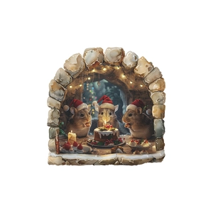 Detail of Christmas wall sticker with cartoon mice under archway and festive lights